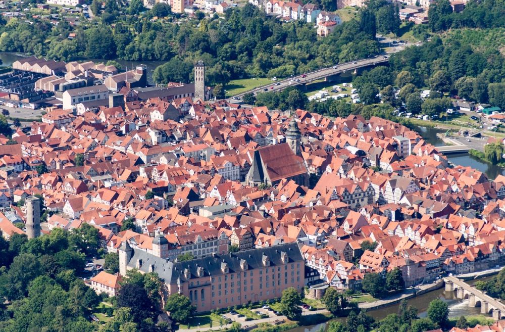 Hann. Münden from above - Village on the banks of the area confluence of Werra and Fulda the Weser - river course in Hann. Muenden in the state Lower Saxony