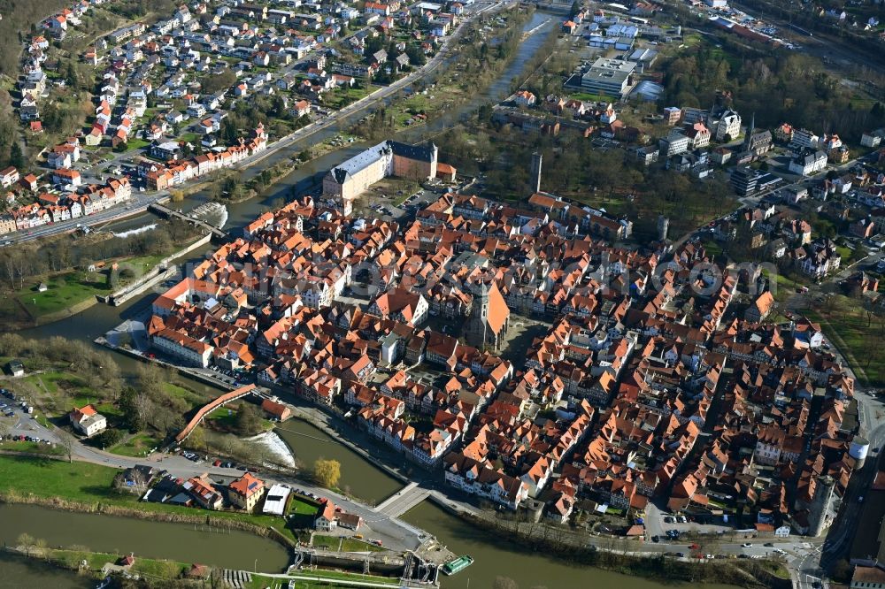 Hann. Münden from the bird's eye view: Village on the banks of the area confluence of Werra and Fulda the Weser - river course in Hann. Muenden in the state Lower Saxony