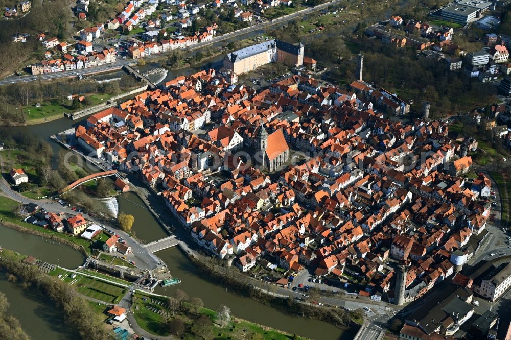 Aerial photograph Hann. Münden - Village on the banks of the area confluence of Werra and Fulda the Weser - river course in Hann. Muenden in the state Lower Saxony