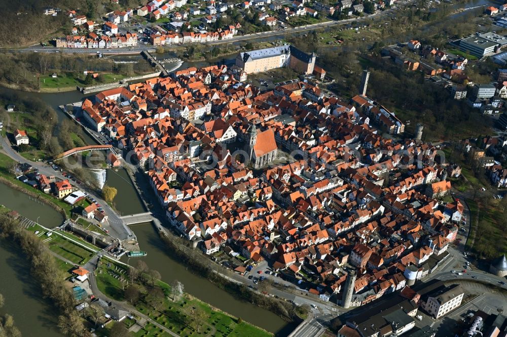 Hann. Münden from above - Village on the banks of the area confluence of Werra and Fulda the Weser - river course in Hann. Muenden in the state Lower Saxony