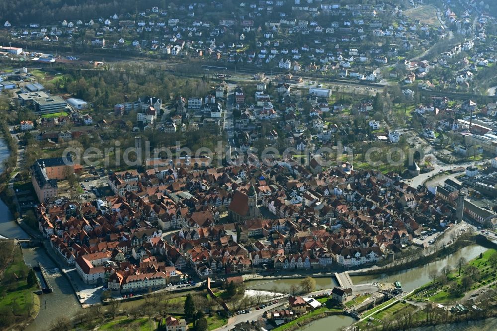 Aerial image Hann. Münden - Village on the banks of the area confluence of Werra and Fulda the Weser - river course in Hann. Muenden in the state Lower Saxony
