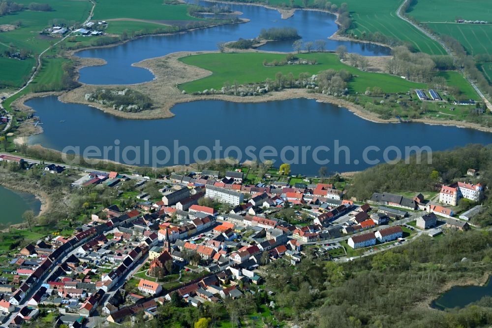 Penkun from above - Village on the banks of the area lake of Schlosssee - Buergersee in Penkun in the state Mecklenburg - Western Pomerania, Germany