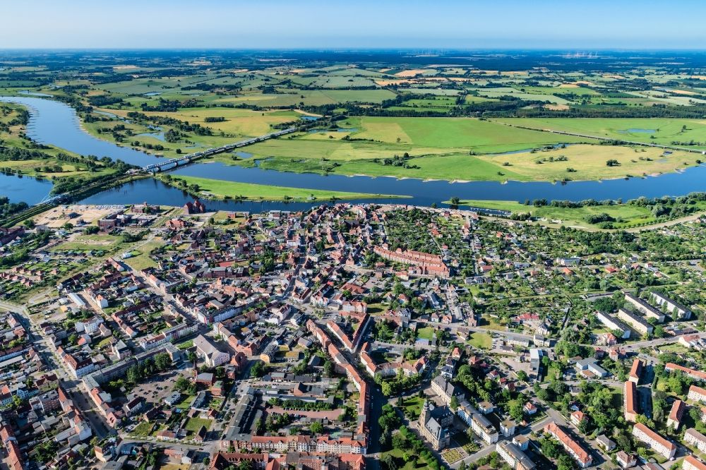 Aerial image Wittenberge - Center Wittenberge on the banks of the Elbe in the state Brandenburg, Germany