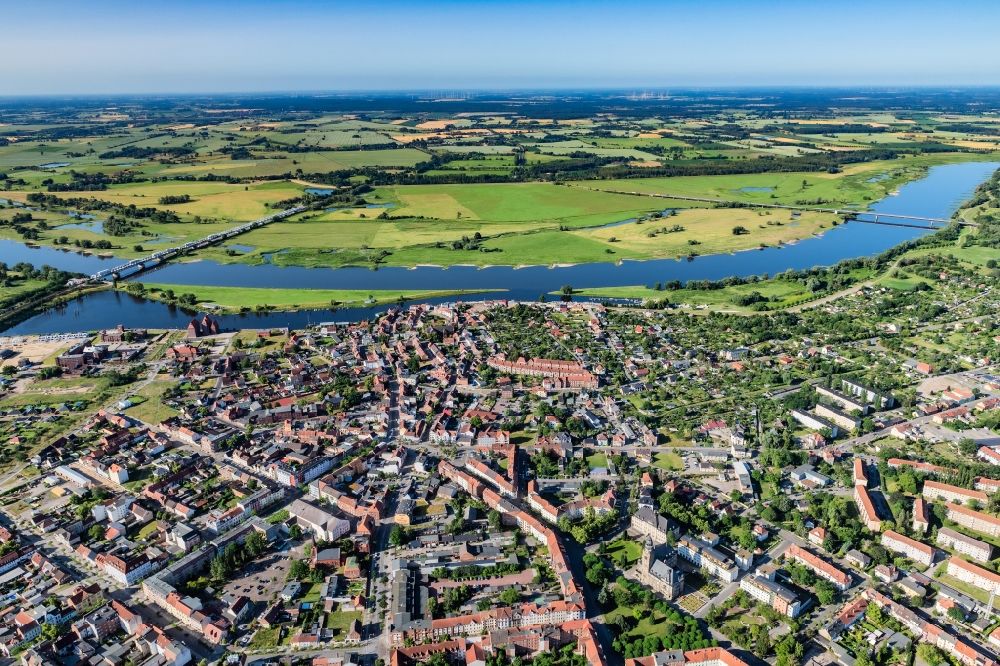 Aerial photograph Wittenberge - Center Wittenberge on the banks of the Elbe in the state Brandenburg, Germany