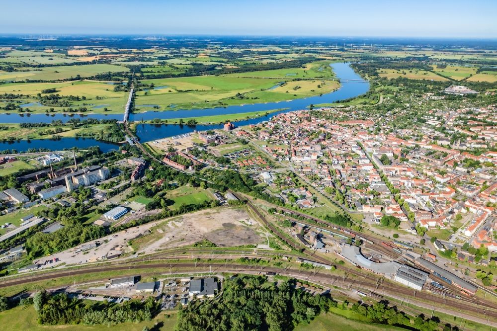 Wittenberge from above - Center Wittenberge on the banks of the Elbe in the state Brandenburg, Germany