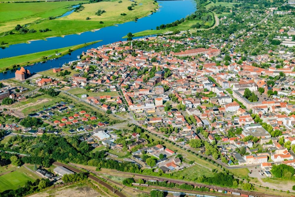 Wittenberge from the bird's eye view: Center Wittenberge on the banks of the Elbe in the state Brandenburg, Germany