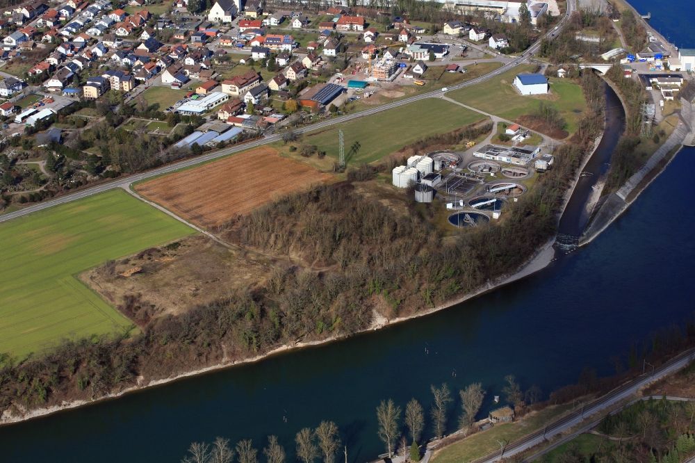 Albbruck from above - Village and sewage treatment plant on the banks of the Rhine - river in Albbruck in the state Baden-Wuerttemberg, Germany