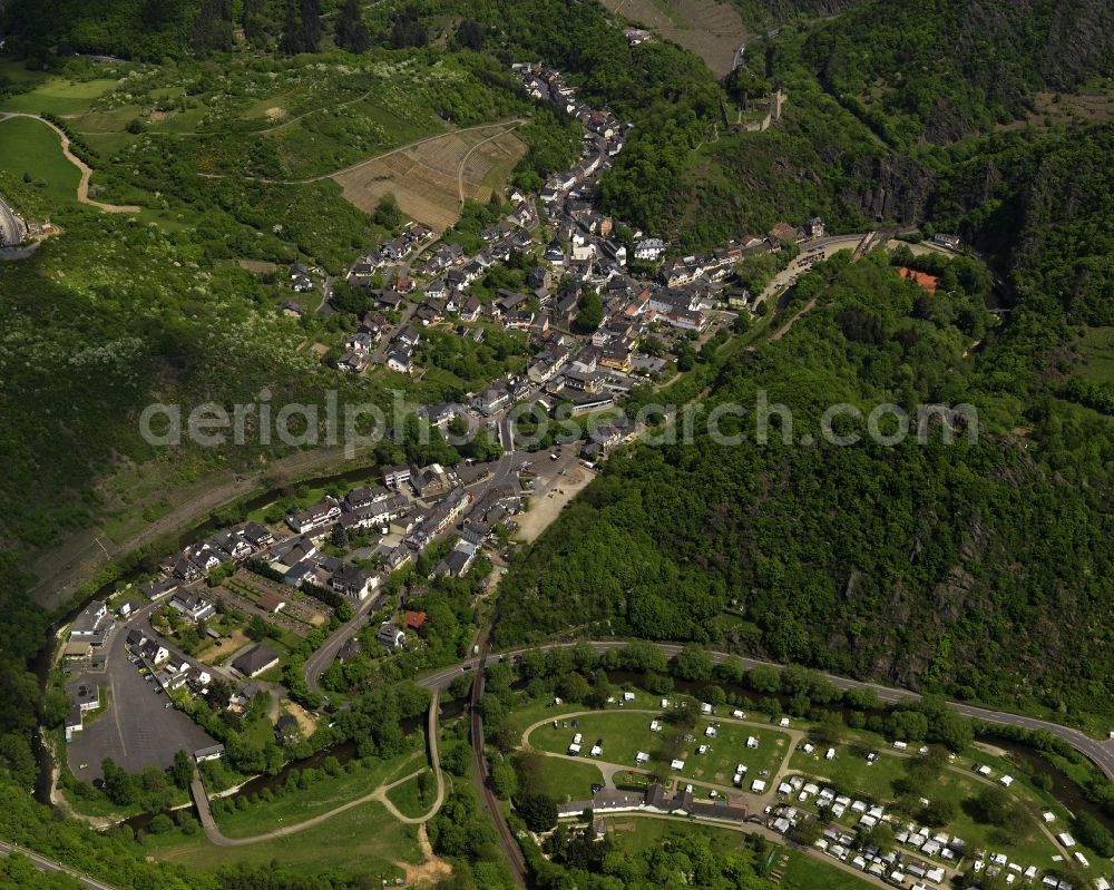 Altenahr from above - View of the Altenburg part of Altenahr in the state of Rhineland-Palatinate. A middle school with its sports facilities is located on the edge of the forest in the East of the part. Altenahr is an official tourist resort and consists of four parts with diverse leisure and tourism facilities and residential areas