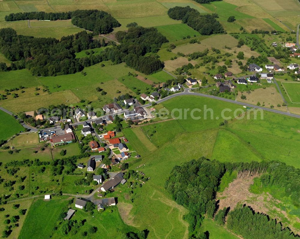 Aerial image Asbach - View of the Hussen part of Asbach in the state of Rhineland-Palatinate. The borough and municipiality Asbach is located in the county district of Neuwied in the Niederwesterwald forest region between the Nature parks Rhine-Westerwald and Bergisches Land. Hussen today is a residential village with single and multi-family homes along the county road L255