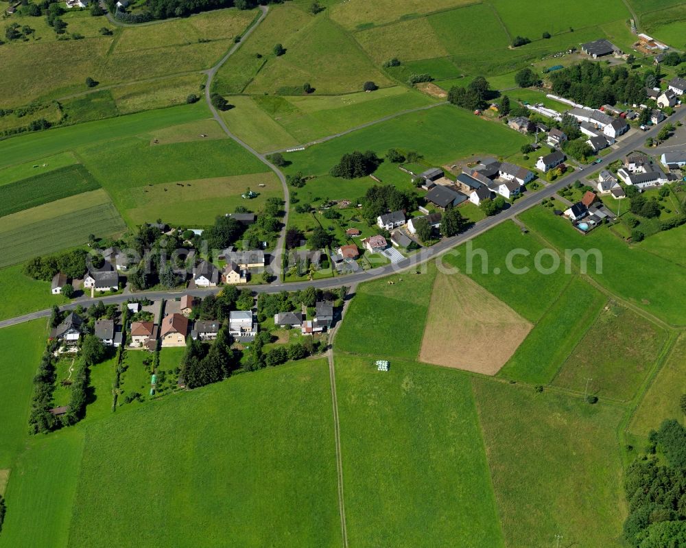 Aerial photograph Asbach - View of the Schoeneberg part of Asbach in the state of Rhineland-Palatinate. The borough and municipiality Asbach is located in the county district of Neuwied in the Niederwesterwald forest region between the Nature parks Rhine-Westerwald and Bergisches Land. Schoeneberg is lcoated in the East of the core village on a hill above the valleys of Krumbach and Mehrbach creeks. It is agriculturally informed and consists of fields, residential buildings and farms