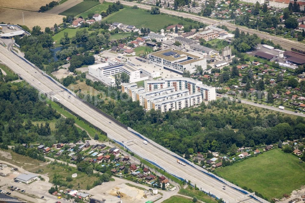 Korneuburg from above - View of the West of Korneuburg in Lower Austria, Austria. Residential estates as well as the county and district courts of Korneuburg are located on federal motorway A22