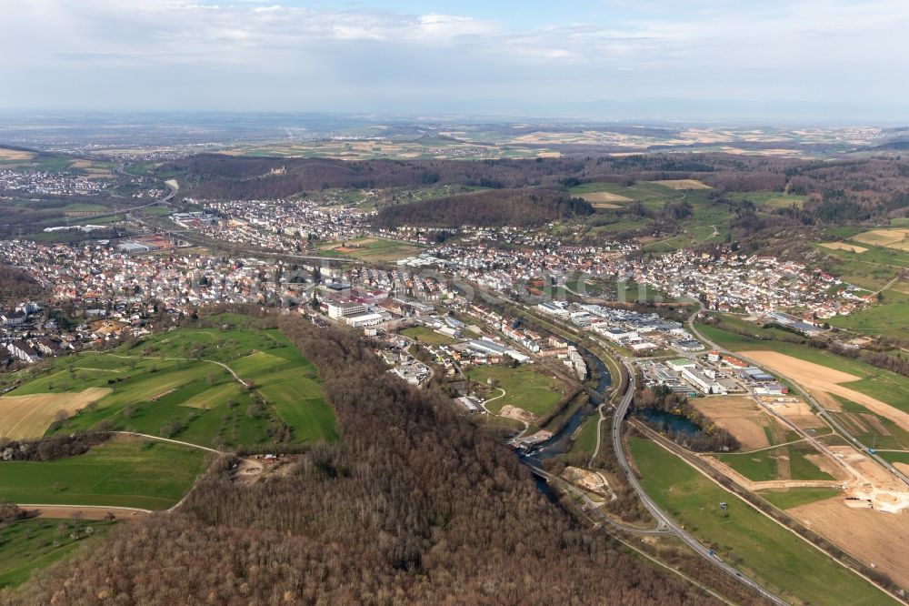 Aerial photograph Lörrach - The districts Brombach, Haagen and Hauingen in Wiese valley in Loerrach in the state Baden-Wuerttemberg, Germany
