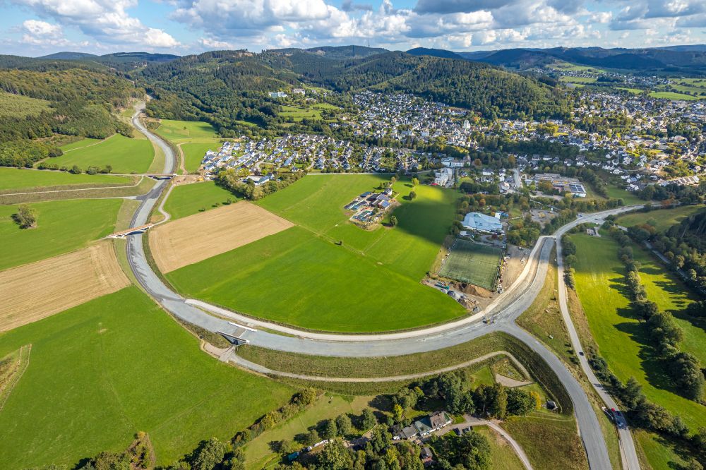 Bad Fredeburg from above - Bypass - bypass - road course of Altenilper Strasse in Bad Fredeburg in the Sauerland in the state North Rhine-Westphalia, Germany
