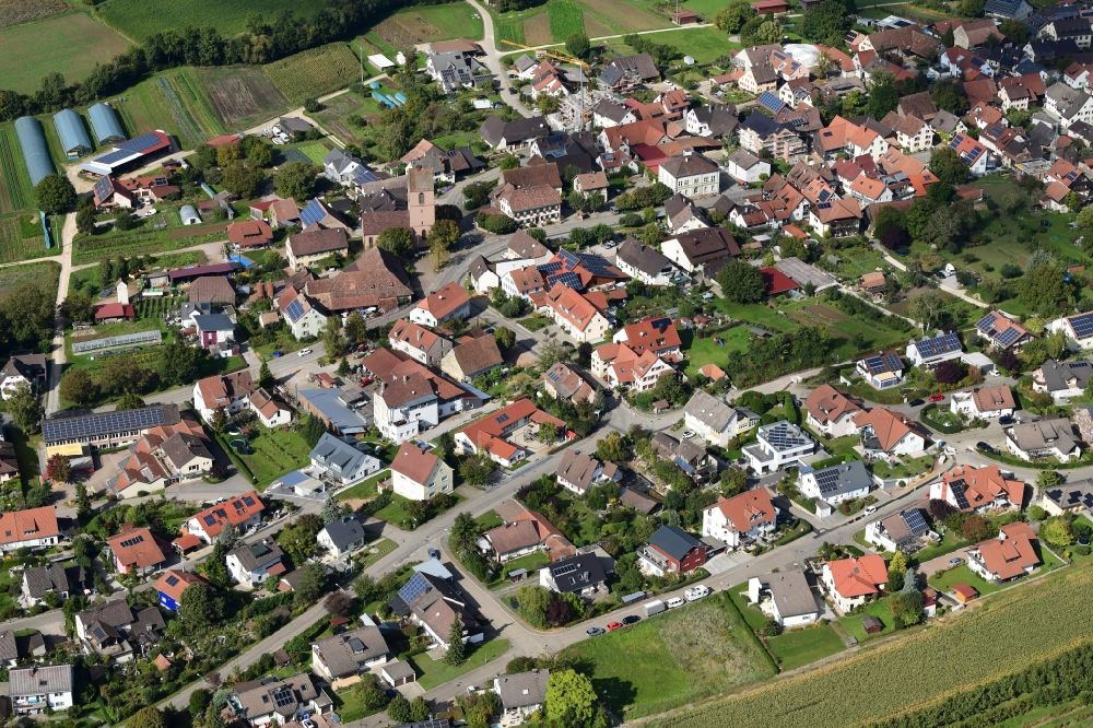 Efringen-Kirchen from above - Streets and houses of the residential areas in the district Egringen in Efringen-Kirchen in the state Baden-Wurttemberg, Germany
