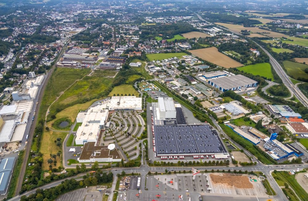 Aerial image Witten - OSTERMANN Einrichtungs-Centrum Witten on Fredi-Ostermann-Strasse with parking and storage space for automobiles in Witten at Ruhrgebiet in the state North Rhine-Westphalia
