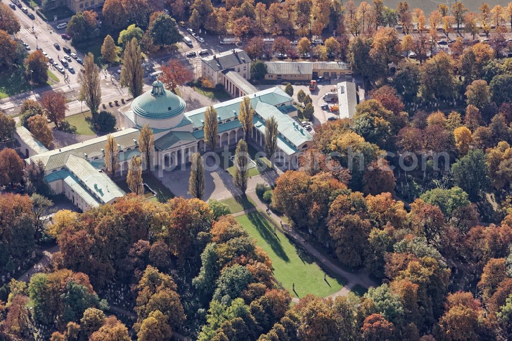 München from above - Ostfriedhof at the St.-Martins-Platz in Munich Giesing in the state of Bavaria