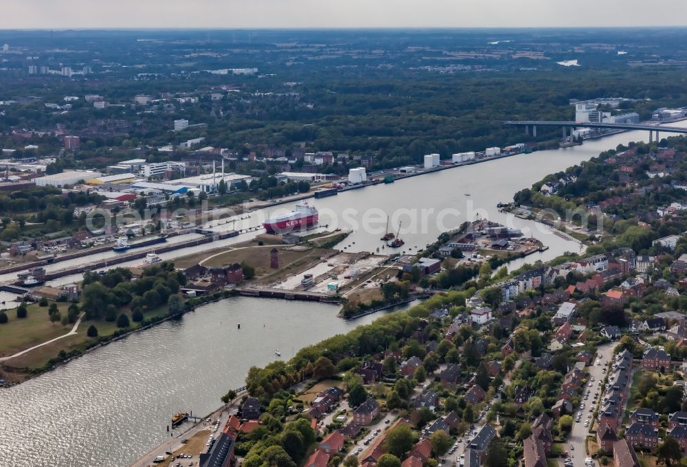 Kiel from above - Eastern part of the North-Baltic Sea Canal with lock systems and district Holtenau in Kiel in the state Schleswig-Holstein, Germany