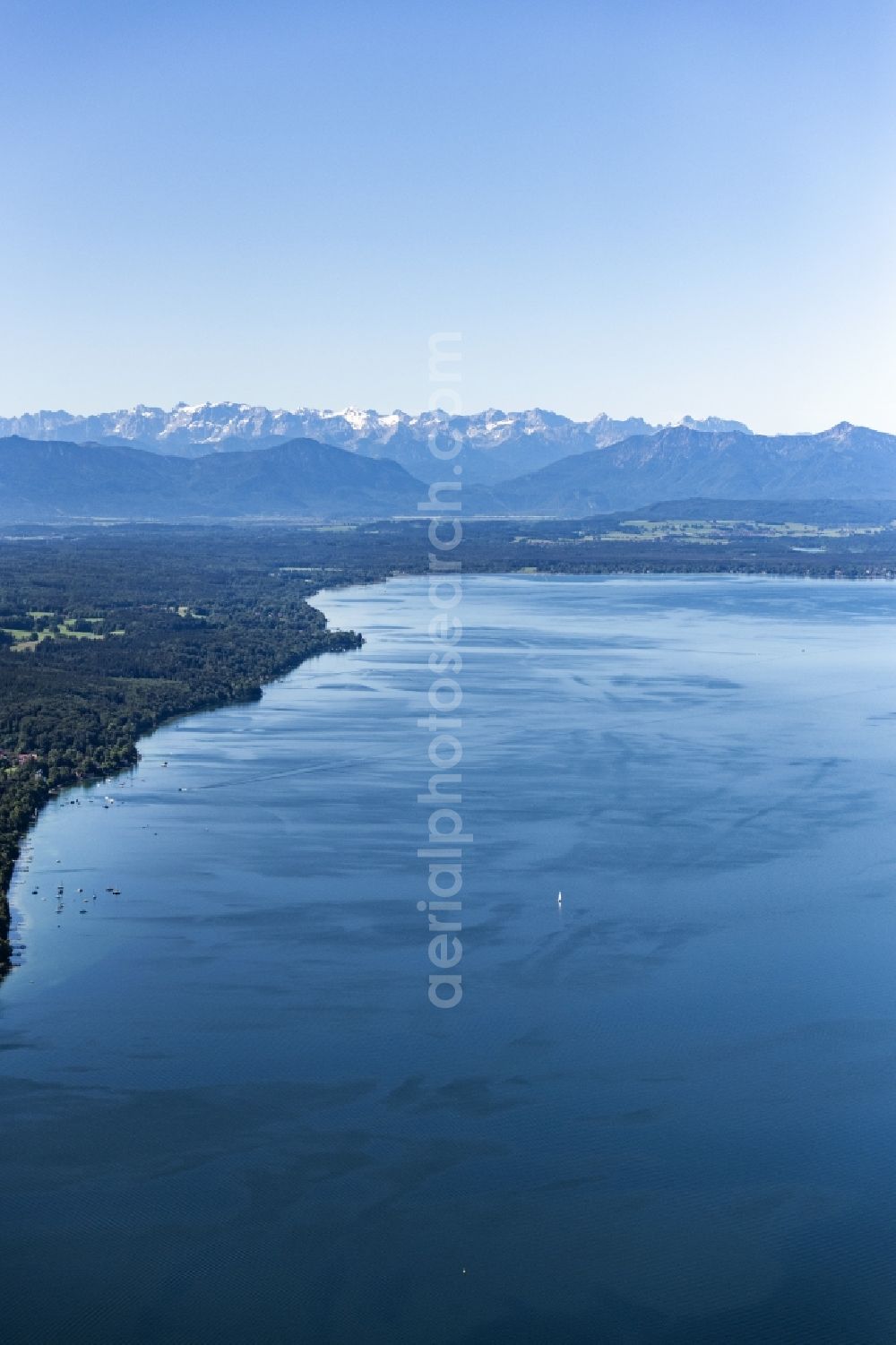 Münsing from above - Riparian areas on the lake area of Starnberger See with Blick in die Alpen in Muensing in the state Bavaria, Germany