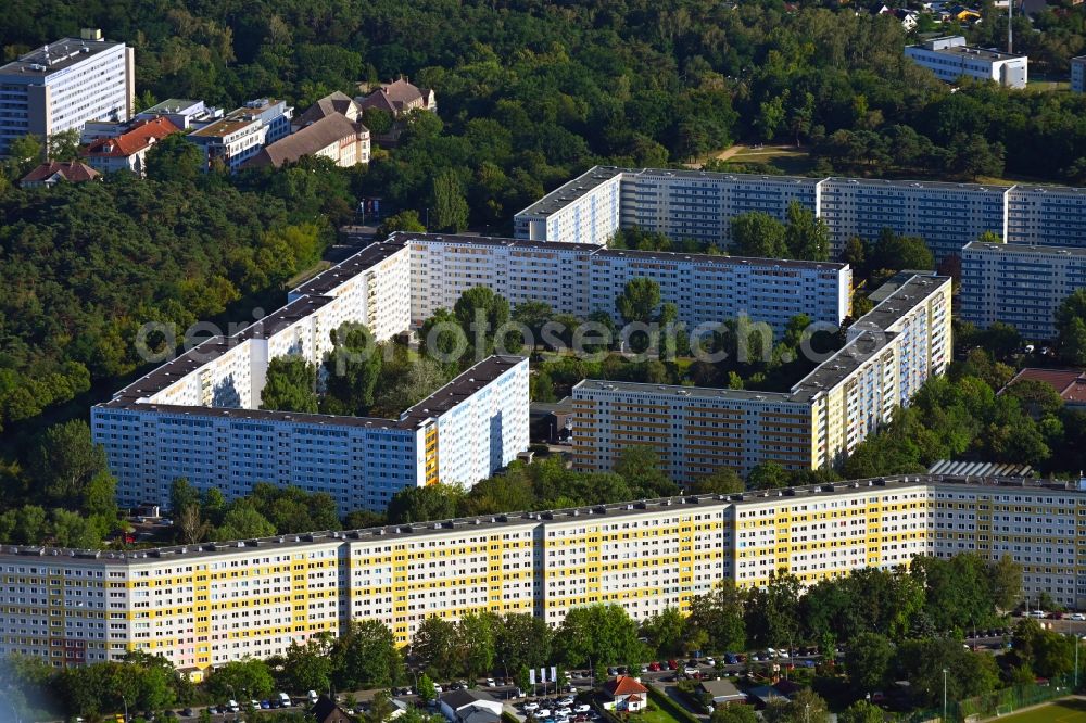 Berlin from above - Skyscrapers in the residential area of industrially manufactured settlement Pablo-Neruda-Strasse - Salvador-Allende-Strasse in the district Koepenick in Berlin, Germany