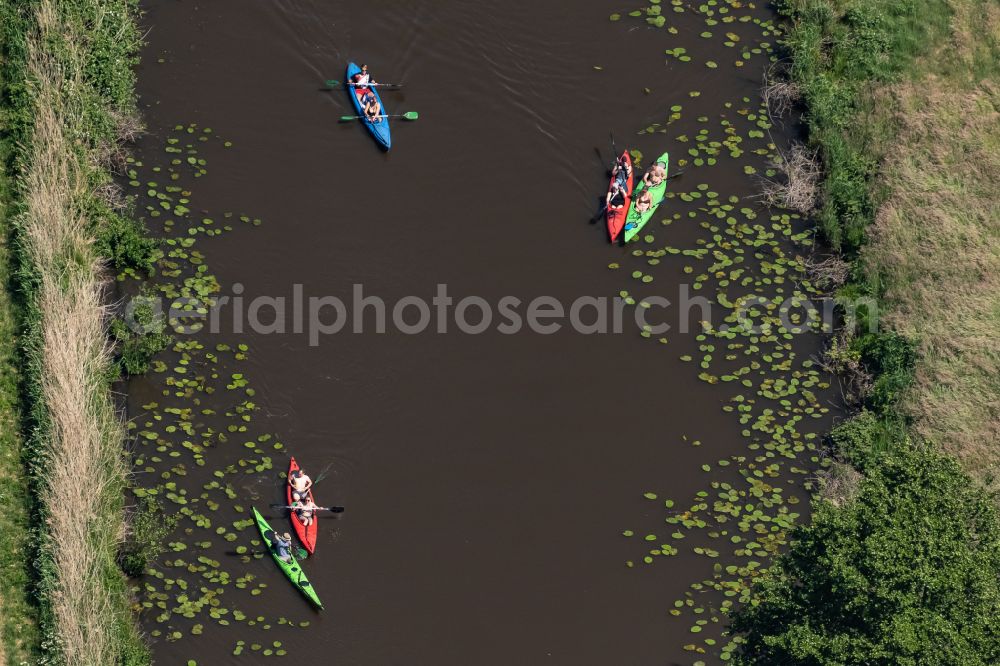 Aerial image Bremen - Sport Boat - Dinghy in motion on the water surface on Kuhgraben on Wuemme in Bremen, Germany
