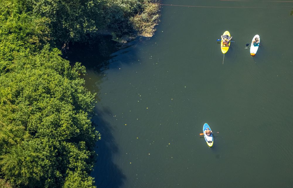Aerial image Krudenburg - Paddle boats on the water surface on the Lippe in Krudenburg in the Ruhr area in the state of North Rhine-Westphalia, Germany