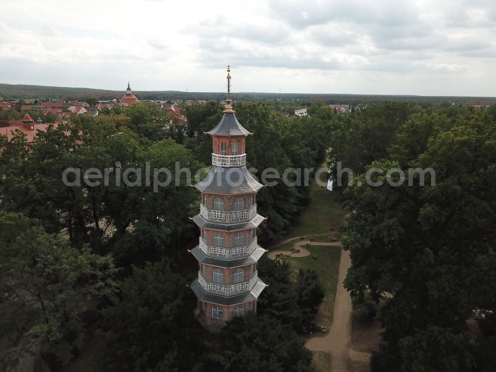 Oranienbaum-Wörlitz from the bird's eye view: Japanese Tower Castle park at Oranienbaum Palace in Oranienbaum-Woerlitz in Saxony-Anhalt