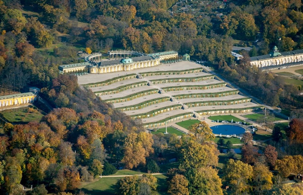 Potsdam from above - Palace Sanssouci in Potsdam in the state Brandenburg, Germany