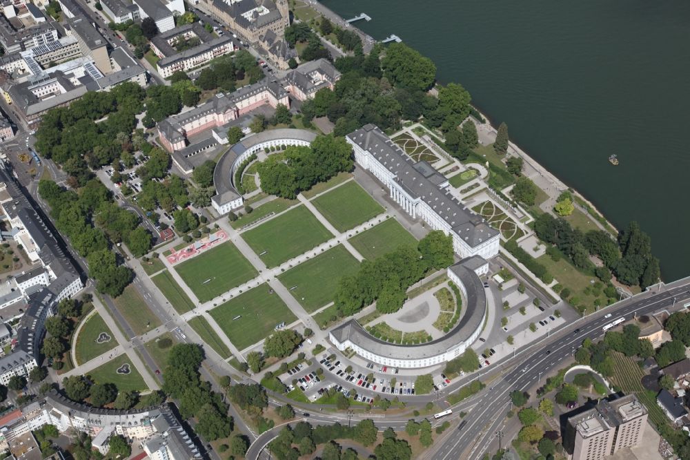 Koblenz from the bird's eye view: Palace Schloss Koblenz in Koblenz in the state Rhineland-Palatinate, Germany. Electoral Palace