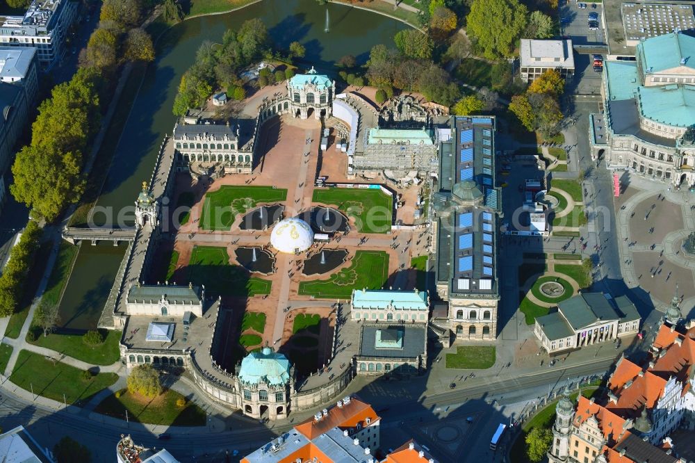 Dresden from above - Palace Zwinger with of Gemaeldegalerie Alte Meister and dem Kronentor in the old town of Dresden in the state Saxony, Germany