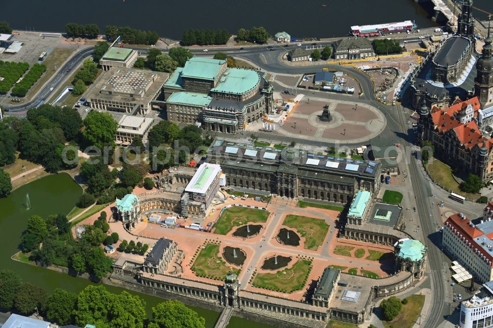 Aerial image Dresden - Palace Zwinger with Gemaeldegalerie Alte Meister and the Kronentor in the old town of Dresden in the state Saxony, Germany