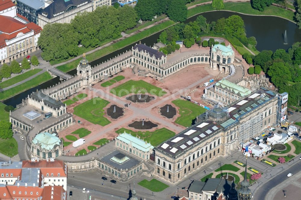 Aerial image Dresden - Palace Zwinger with of Gemaeldegalerie Alte Meister and dem Kronentor in the district Altstadt in Dresden in the state Saxony, Germany