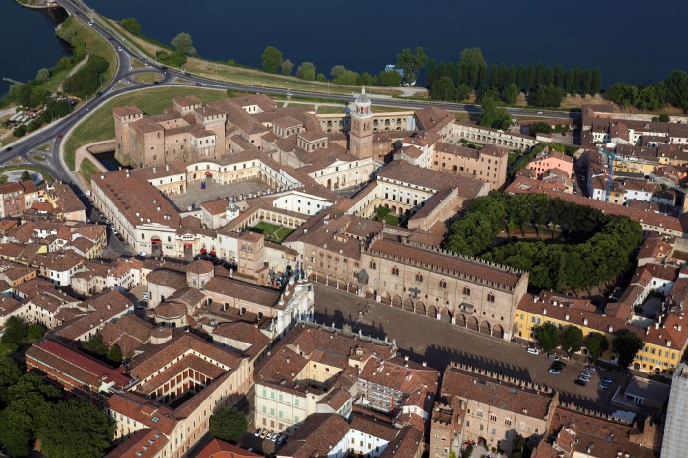 Mantua from above - Palace es Palazzo ducale, Herzogspalast, with the Castello di San Georgio, a moated castle in Mantua in Lombardy, Italy