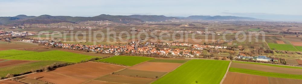 Aerial photograph Kapellen-Drusweiler - Panoramic perspective Village - view on the edge of agricultural fields and farmland in Kapellen-Drusweiler in the state Rhineland-Palatinate, Germany