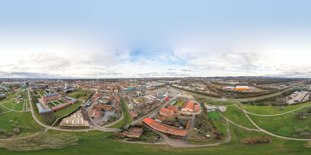 Aerial photograph Karlsruhe - Panoramic perspective site of the depot of the of Stadtwerke Am Schlachthof in the district Oststadt in Karlsruhe in the state Baden-Wurttemberg, Germany