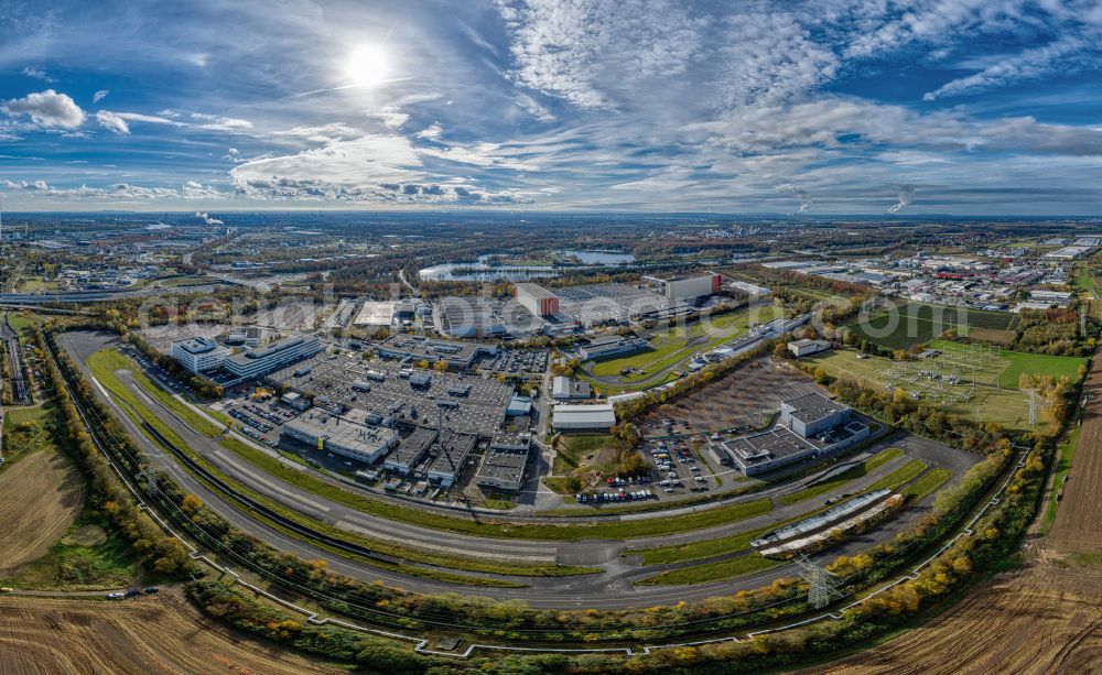 Aerial photograph Köln - Panoramic perspective buildings and production halls on the vehicle construction site of Ford-Werke GmbH on street Edsel-Ford-Strasse in the district Merkenich in Cologne in the state North Rhine-Westphalia, Germany