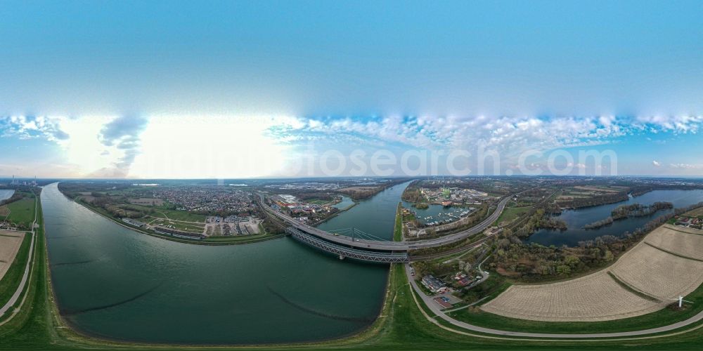 Karlsruhe from above - Panoramic perspective river - bridges construction crossing the Rhine river near Maxau in the district Knielingen in Karlsruhe in the state Baden-Wurttemberg, Germany