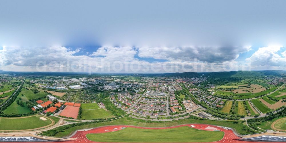 Ettlingen from the bird's eye view: Panoramic perspective football stadium in Ettlingen in the state Baden-Wuerttemberg, Germany