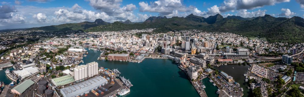 Aerial image Port Louis - Circumferential, horizontally adjustable 360 degree perspective city area with outside districts and inner city area in Port Louis in Port Louis District, Mauritius including the harbor