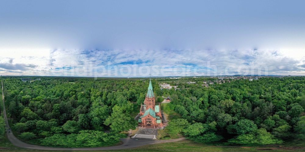 Aerial photograph Karlsruhe - Panoramic perspective church building Grossherzogliche Grabkapelle on Klosterstrasse in Karlsruhe in the state Baden-Wuerttemberg, Germany