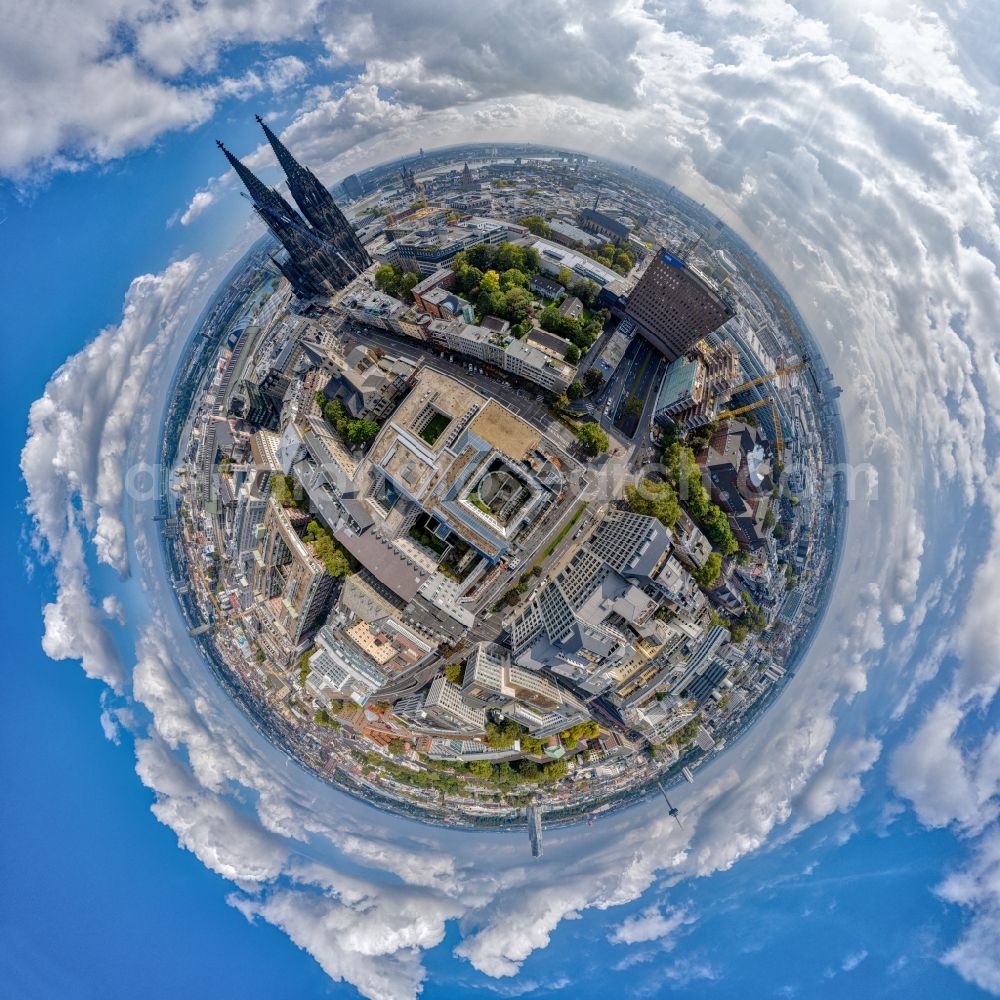 Köln from above - Panoramic perspective church building Koelner Dom in the old town center in the district Innenstadt in Cologne in the state North Rhine-Westphalia - NRW, Germany