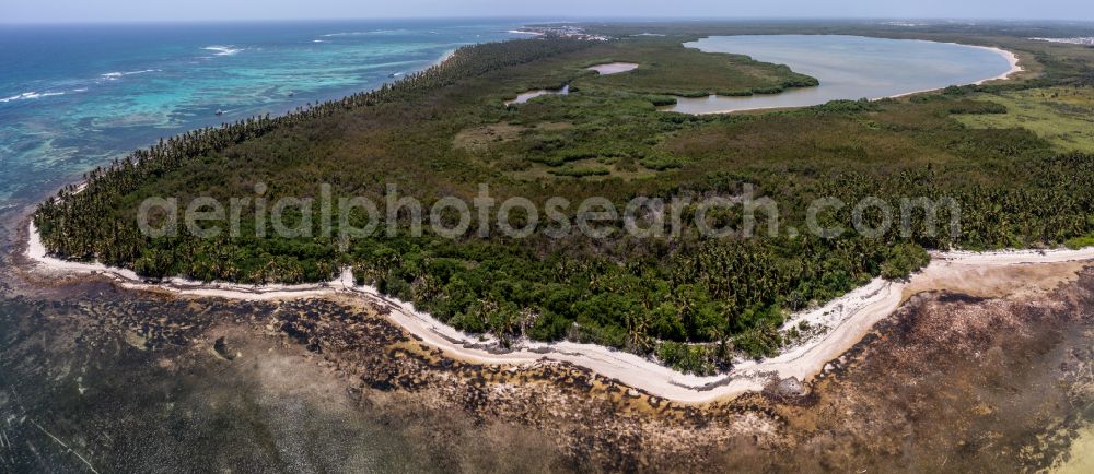 Aerial image Punta Cana - Panoramic perspective coastline on the sandy beach Laguna Bavaro in Punta Cana in La Altagracia, Dominican Republic