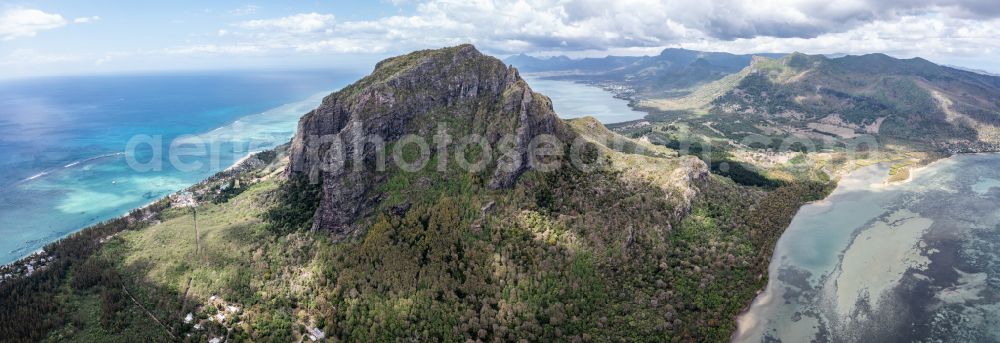 Le Morne from the bird's eye view: Panoramic perspective view over La Gaulette to the prominent mountain Le Morne Brabant at the south-west coast of the island Mauritius at the Indian Ocean