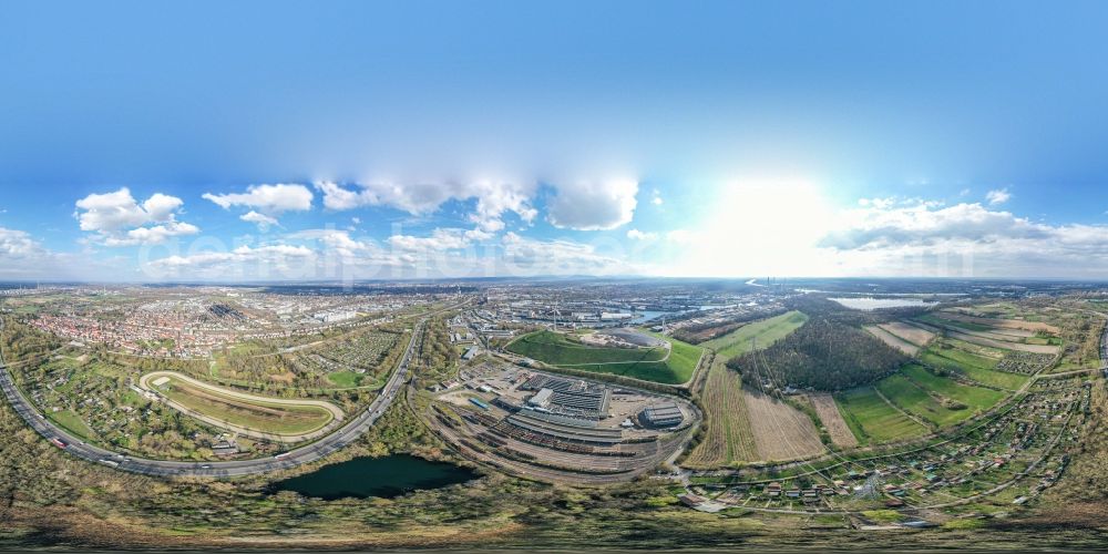 Karlsruhe from above - Panoramic perspective tram depot of the Municipal Transport Company in the district Rheinhafen in Karlsruhe in the state Baden-Wurttemberg, Germany