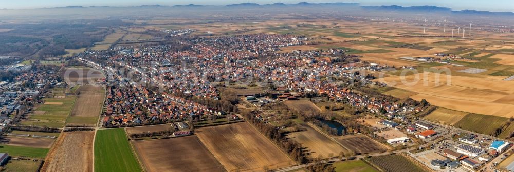 Aerial image Herxheim bei Landau (Pfalz) - Panoramic perspective Town View of the streets and houses of the residential areas in Herxheim bei Landau (Pfalz) in the state Rhineland-Palatinate, Germany