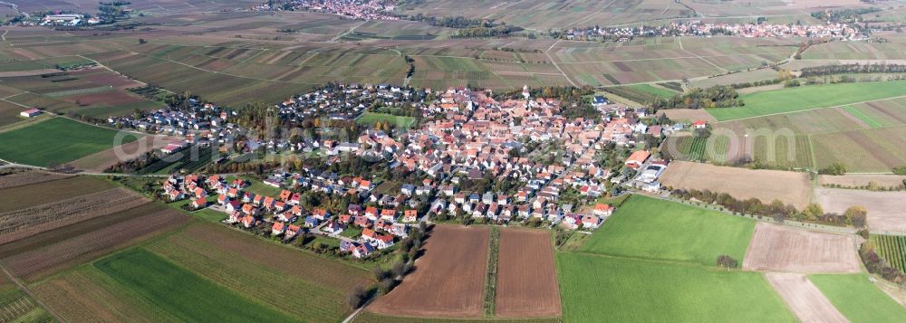 Landau in der Pfalz from the bird's eye view: Panoramic perspective Town View of the streets and houses of the residential areas in the district Moerzheim in Landau in der Pfalz in the state Rhineland-Palatinate, Germany