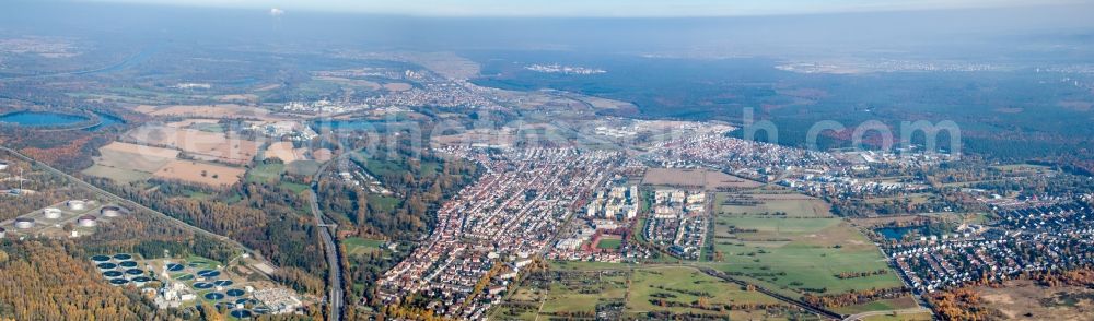 Aerial photograph Karlsruhe - Panoramic perspective Town View of the streets and houses of the residential areas in the district Neureut in Karlsruhe in the state Baden-Wuerttemberg, Germany