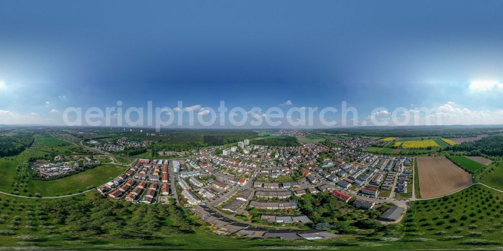Aerial photograph Büchig - Panoramic perspective village view on the edge of agricultural fields and land in Buechig in the state Baden-Wuerttemberg, Germany