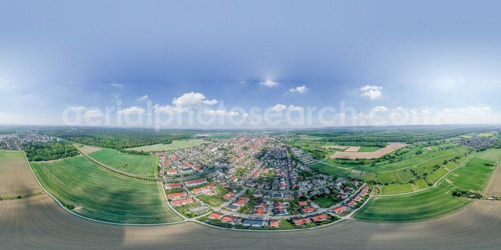 Büchig from above - Panoramic perspective village view on the edge of agricultural fields and land in Buechig in the state Baden-Wuerttemberg, Germany