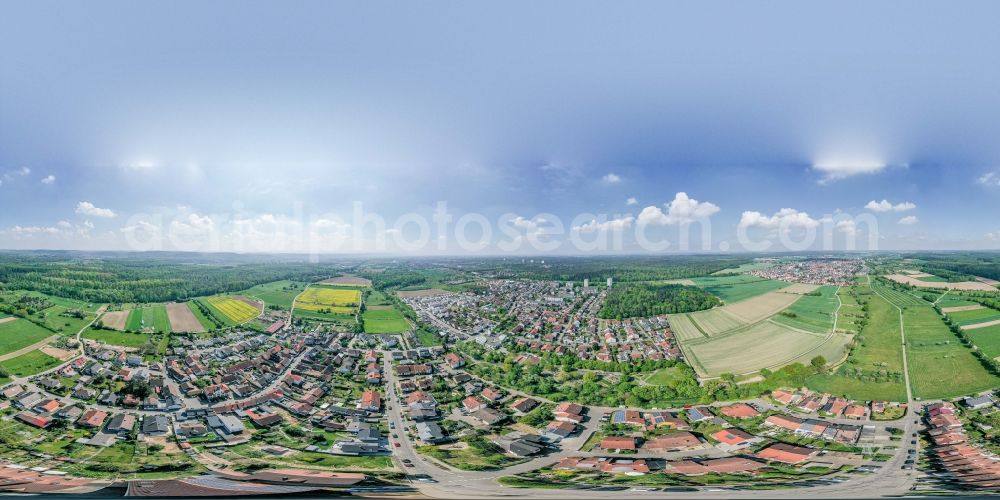Aerial image Büchig - Panoramic perspective village view on the edge of agricultural fields and land in Buechig in the state Baden-Wuerttemberg, Germany