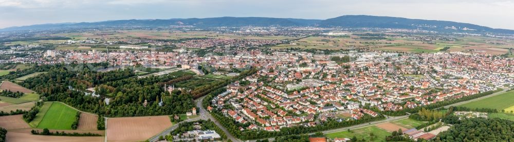 Schwetzingen from above - Panoramic perspective Town View of the streets and houses of the residential areas in Schwetzingen in the state Baden-Wurttemberg, Germany